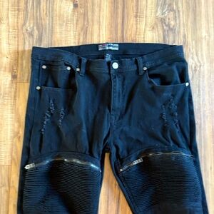 Bleecker & Mercer Sz 40x32 Black Distressed Zip Stretch Jeans Skater‎